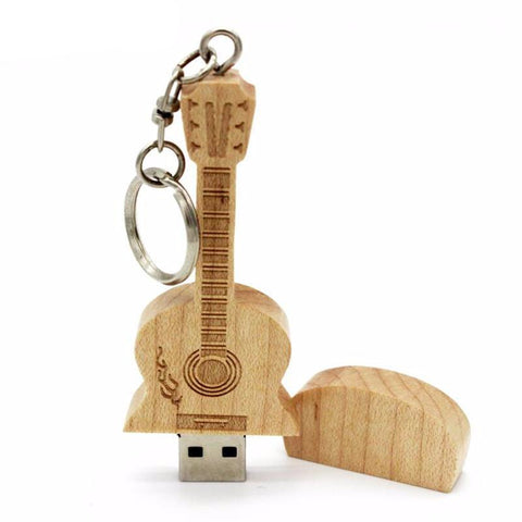 Wooden Guitar Flash Drive With Keychain