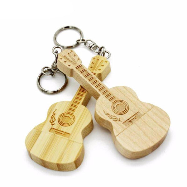 Wooden Guitar Flash Drive With Keychain